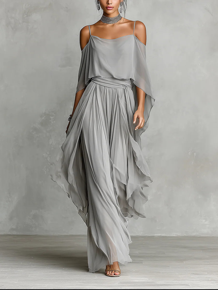 Completo donna elegante in chiffon con spalle scoperte