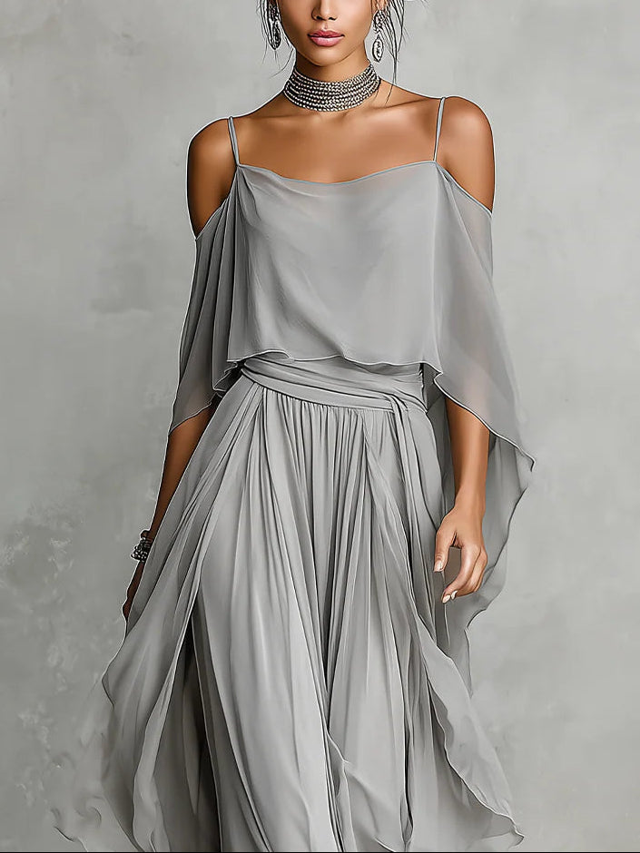 Completo donna elegante in chiffon con spalle scoperte