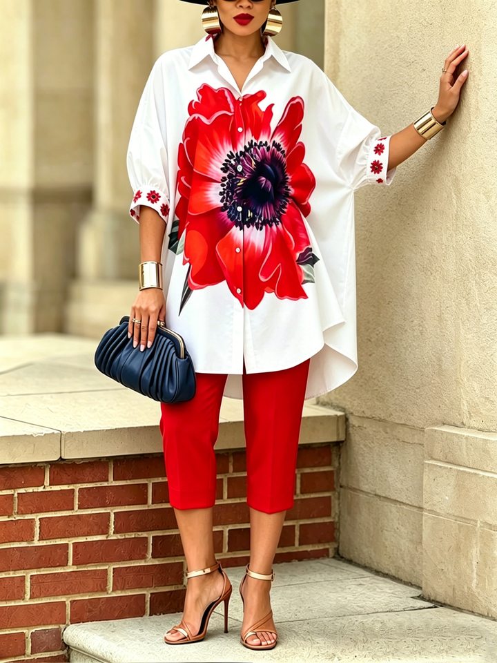 Completo donna bohémien artistico con camicia e pantaloni floreali