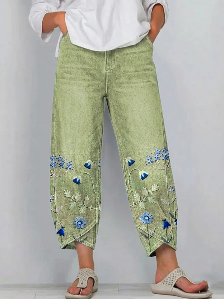 Pantaloni donna ricamati in cotone casual chic