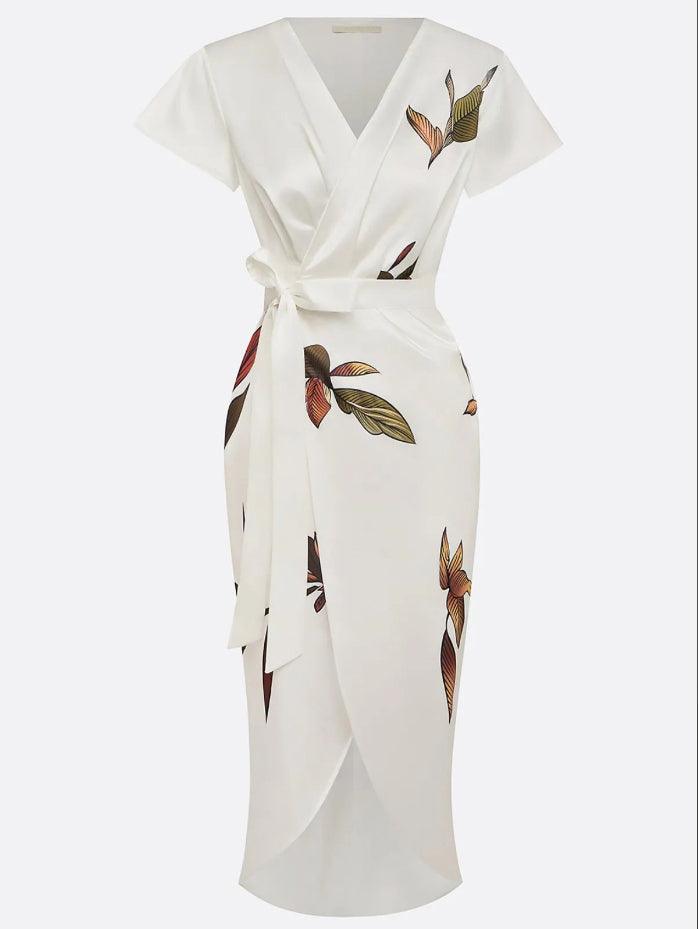 Abito portafoglio donna elegante con stampa botanica