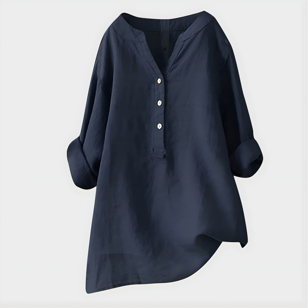 Blusa elegante leggera in cotone e lino con scollo a V per donna