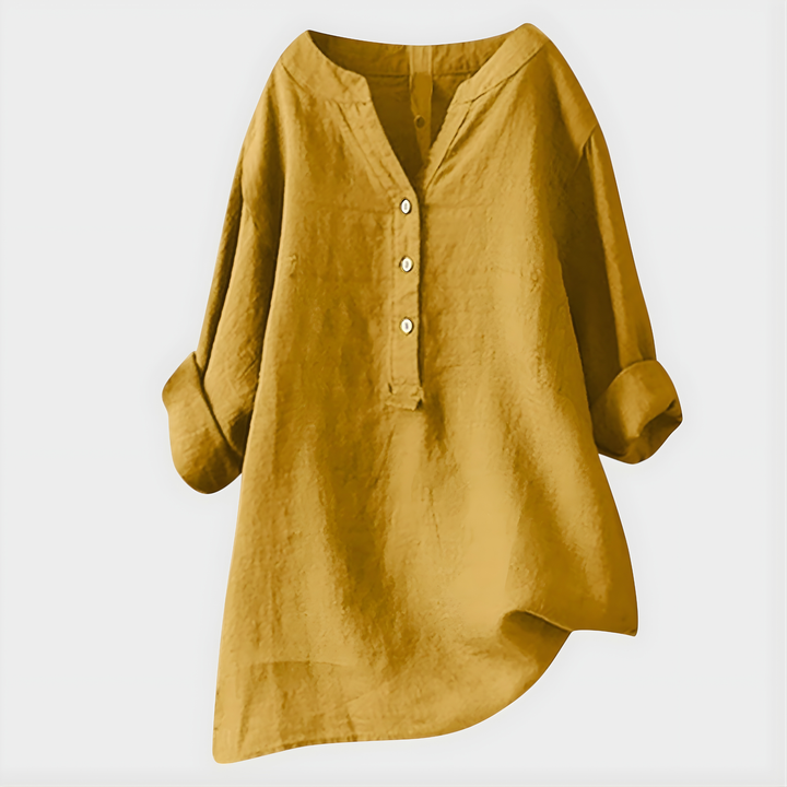 Blusa elegante leggera in cotone e lino con scollo a V per donna