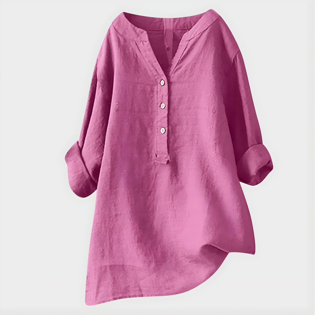 Blusa elegante leggera in cotone e lino con scollo a V per donna