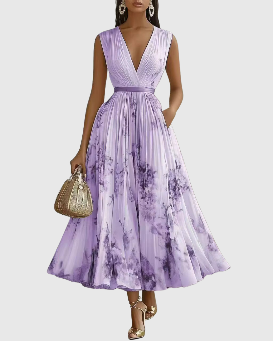 Abito lungo plissettato da donna elegante e fluido floreale