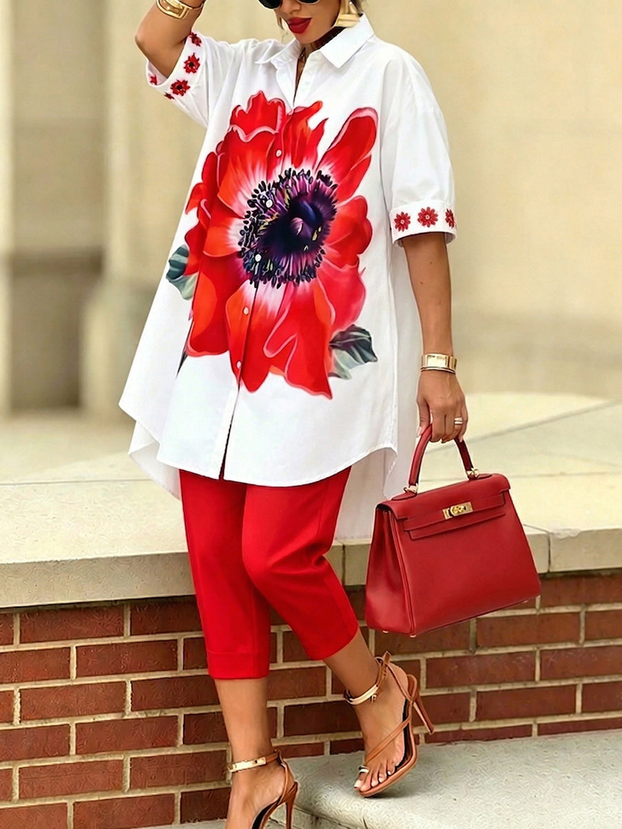 Completo donna bohémien artistico con camicia e pantaloni floreali