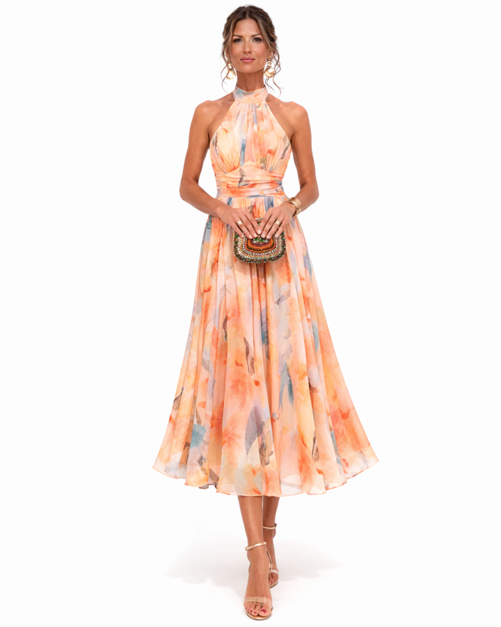 Abito maxi elegante con collo halter e stampa acquerello per donna