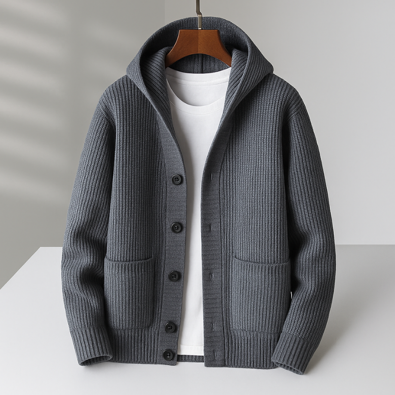 Cardigan uomo con cappuccio in lana elegante e caldo