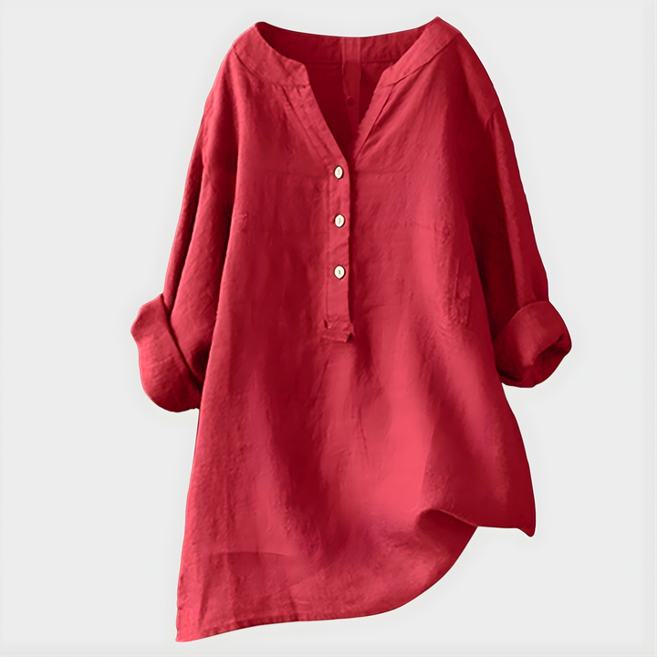 Blusa elegante leggera in cotone e lino con scollo a V per donna