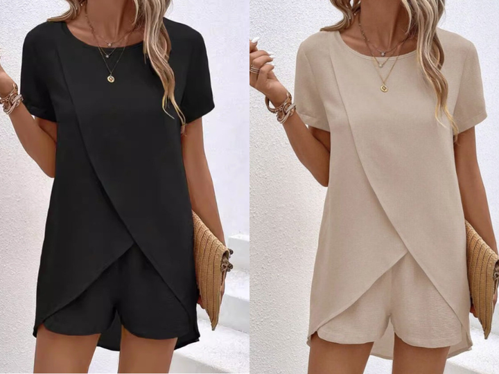 Completo donna elegante con top asimmetrico e shorts