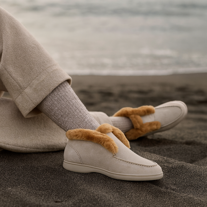Mocassini donna in suede con interno in shearling