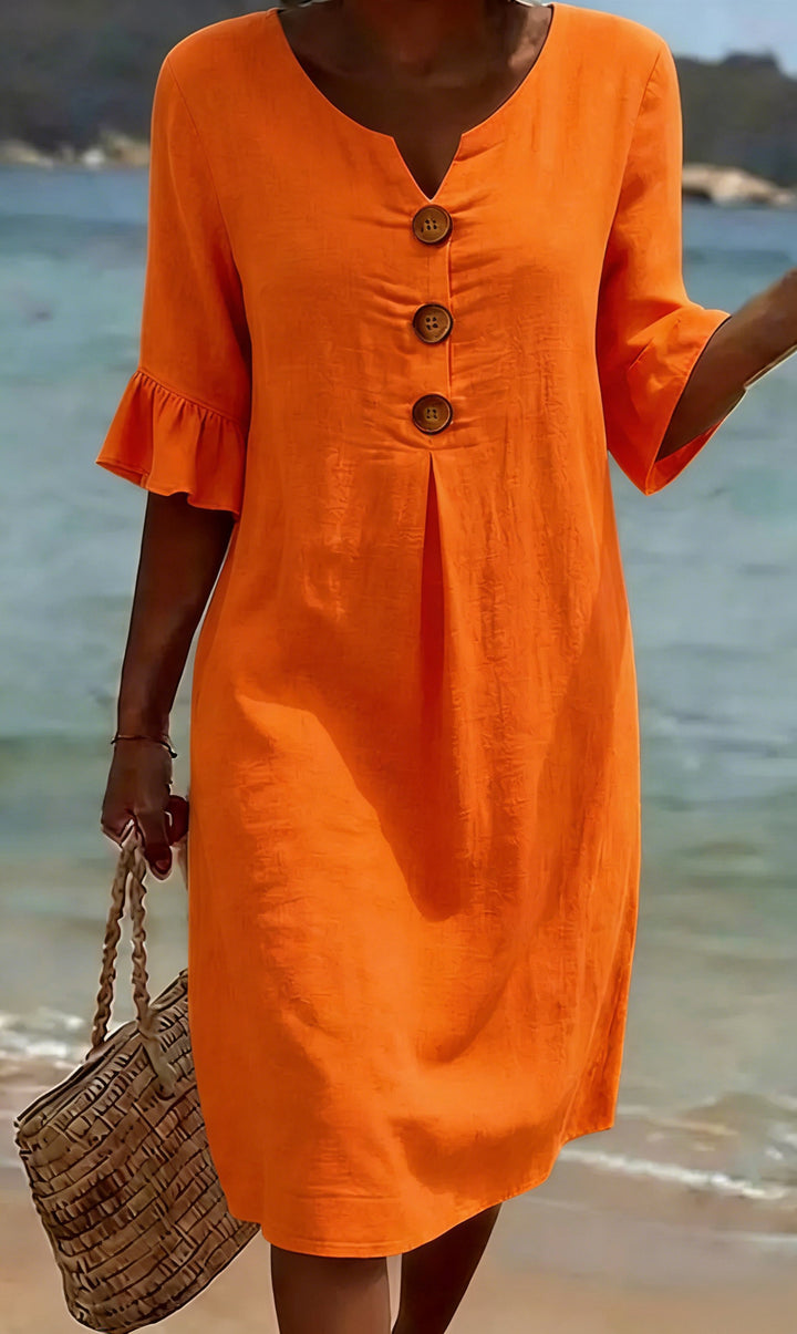 Abito casual in cotone e lino con maniche a sbuffo per donna