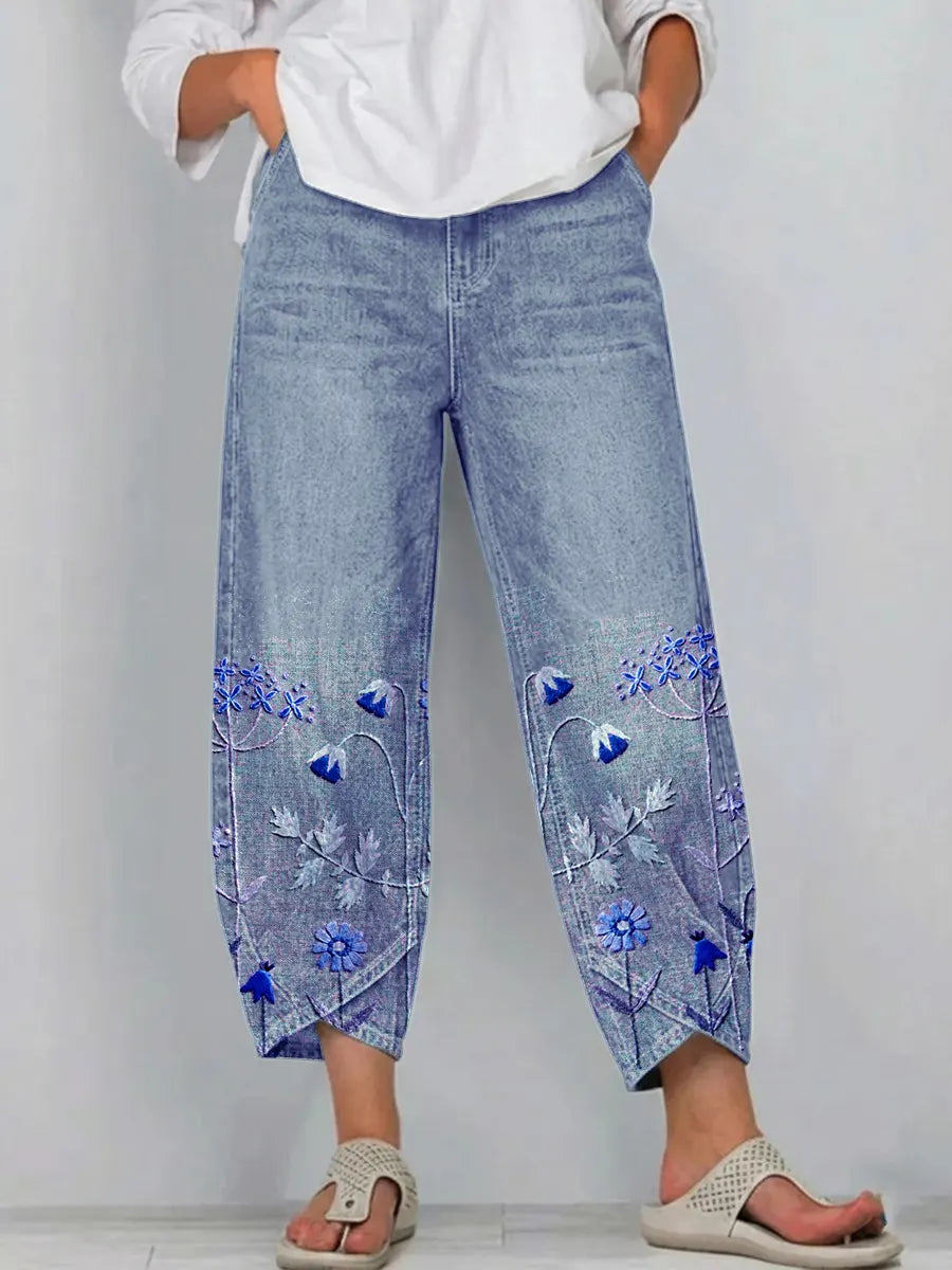 Pantaloni donna ricamati in cotone casual chic