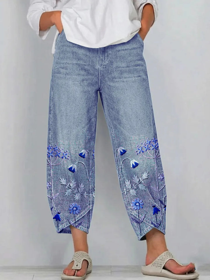 Pantaloni donna ricamati in cotone casual chic