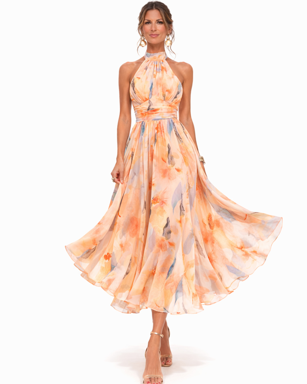 Abito maxi elegante con collo halter e stampa acquerello per donna