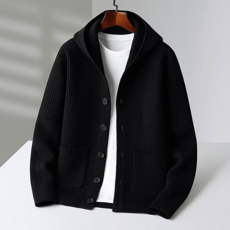 Cardigan uomo con cappuccio in lana elegante e caldo