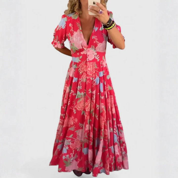 Abito floreale elegante con scollo a V fluido per donna