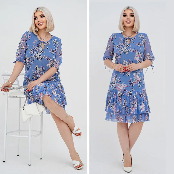 Abito floreale donna elegante con gonna plissé