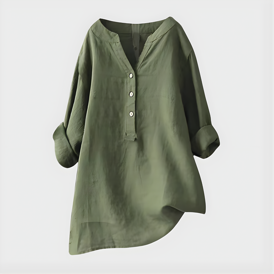 Blusa elegante leggera in cotone e lino con scollo a V per donna