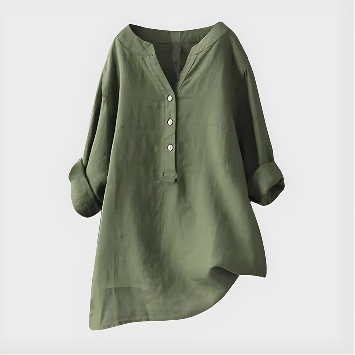 Blusa elegante leggera in cotone e lino con scollo a V per donna