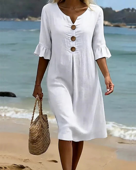 Abito casual in cotone e lino con maniche a sbuffo per donna