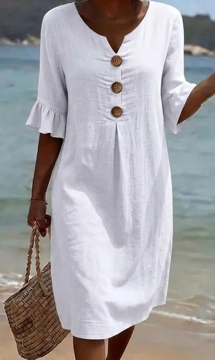Abito casual in cotone e lino con maniche a sbuffo per donna