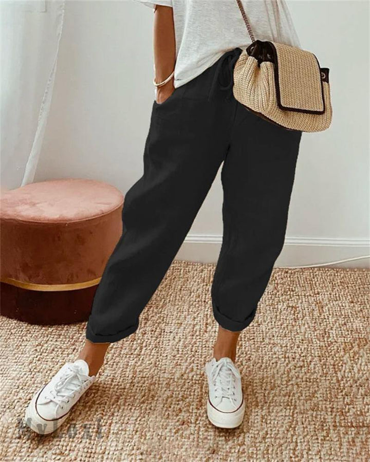 Pantaloni donna in lino a vita alta leggeri e traspiranti
