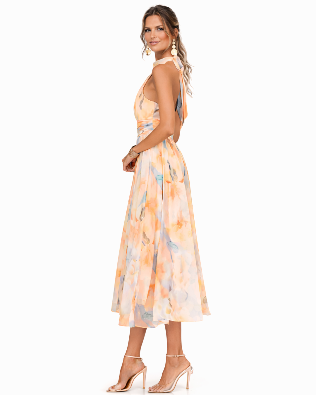 Abito maxi elegante con collo halter e stampa acquerello per donna