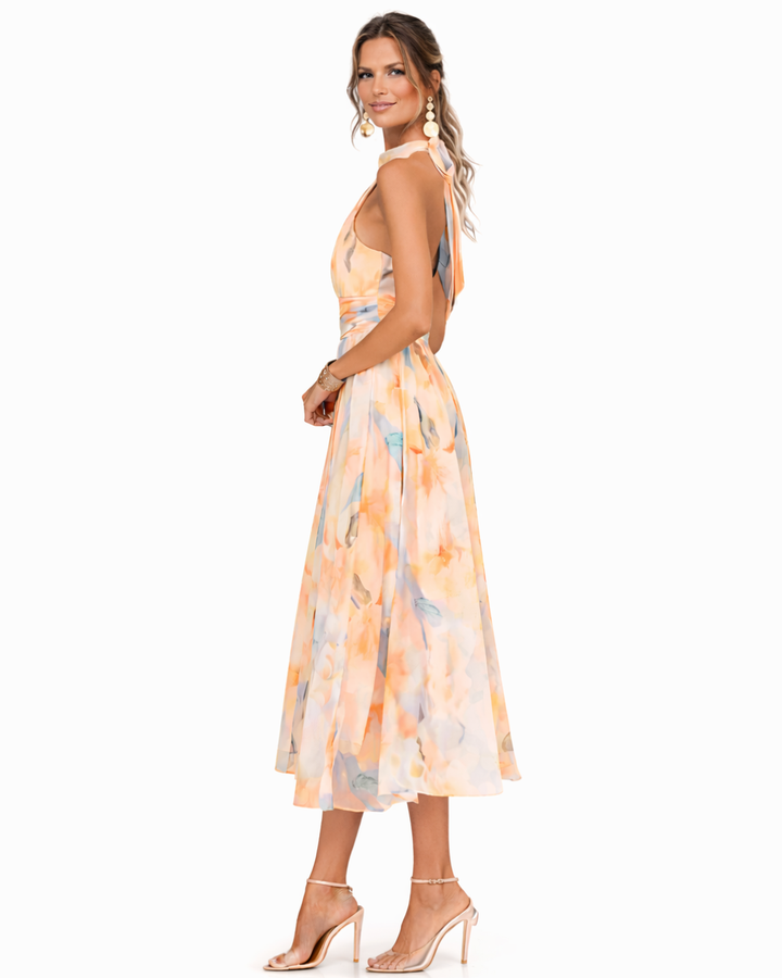 Abito maxi elegante con collo halter e stampa acquerello per donna