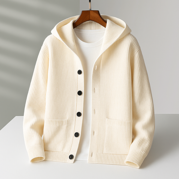 Cardigan uomo con cappuccio in lana elegante e caldo
