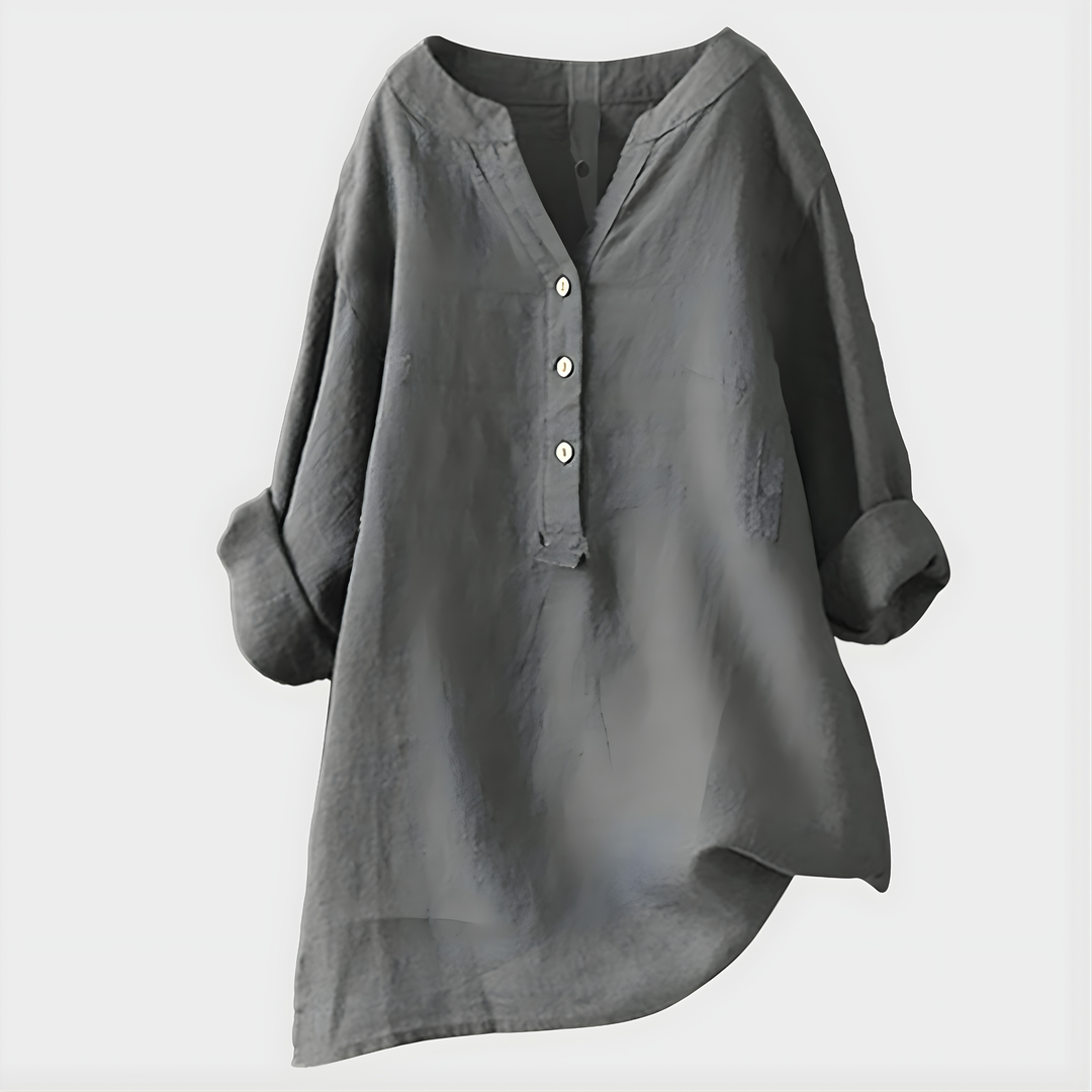 Blusa elegante leggera in cotone e lino con scollo a V per donna
