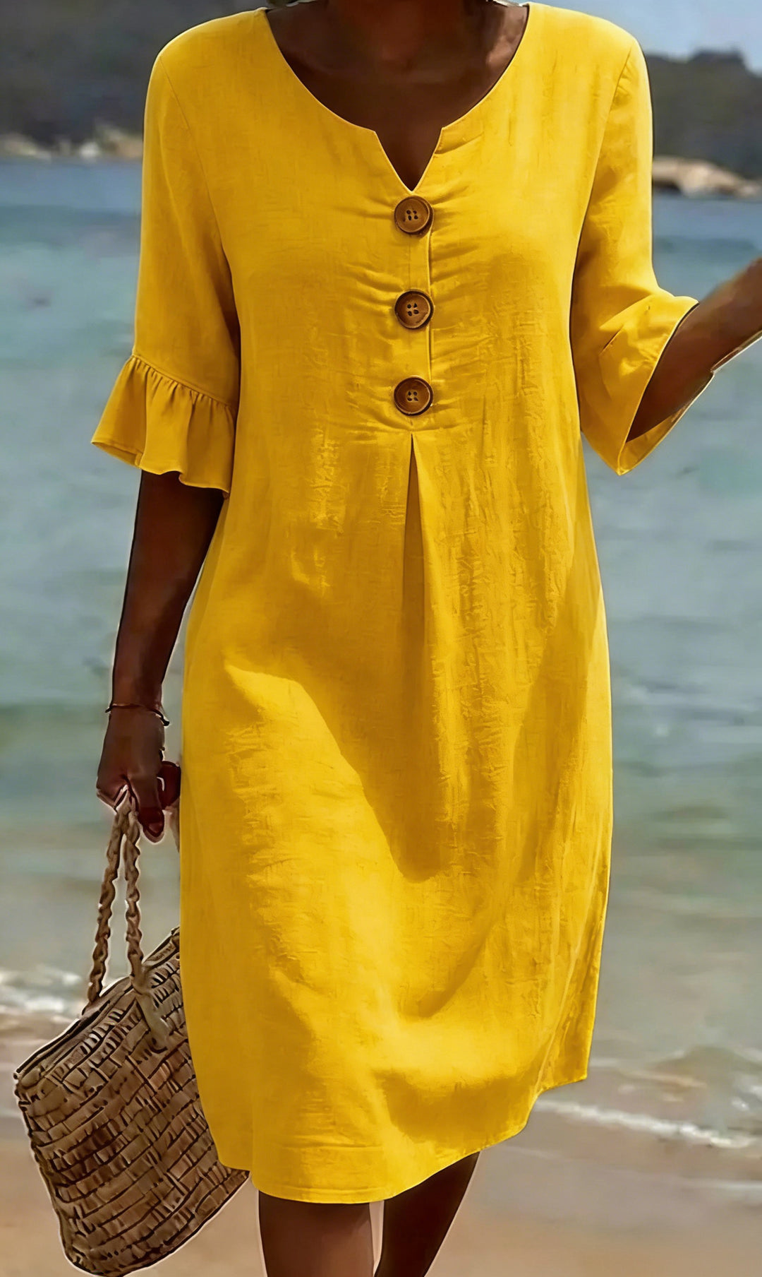 Abito casual in cotone e lino con maniche a sbuffo per donna