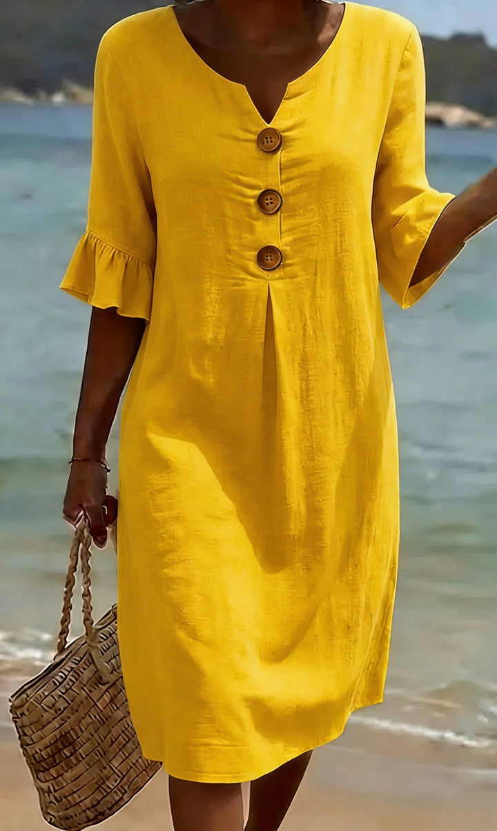 Abito casual in cotone e lino con maniche a sbuffo per donna