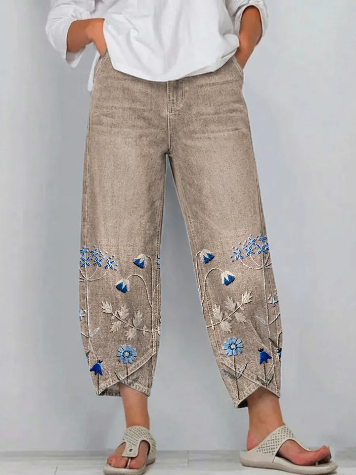 Pantaloni donna ricamati in cotone casual chic