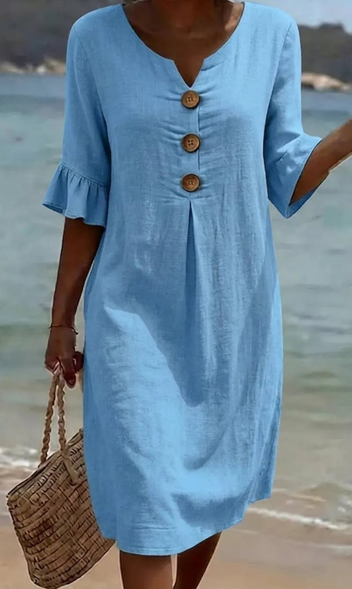 Abito casual in cotone e lino con maniche a sbuffo per donna
