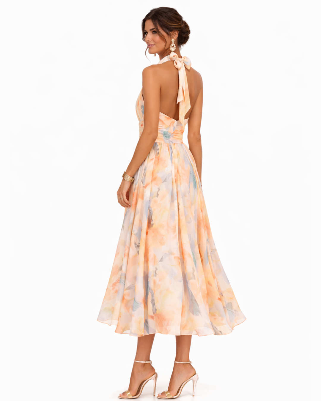 Abito maxi elegante con collo halter e stampa acquerello per donna