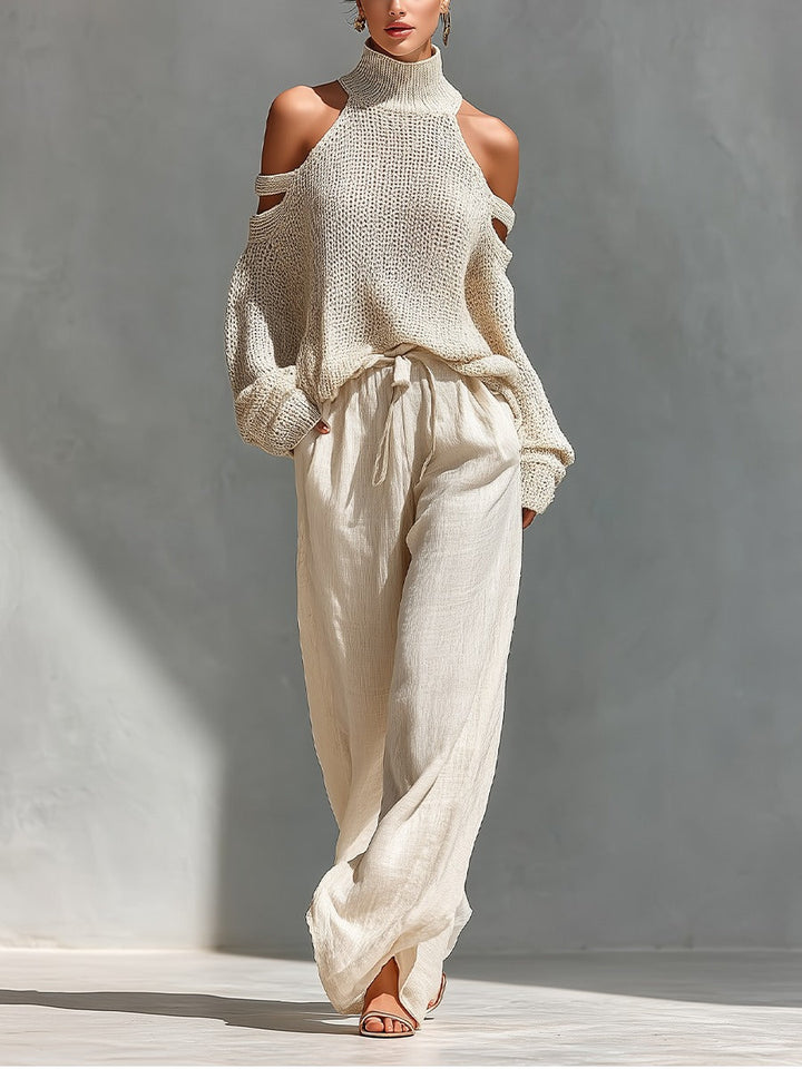 Completo donna elegante con top off-shoulder e pantaloni palazzo