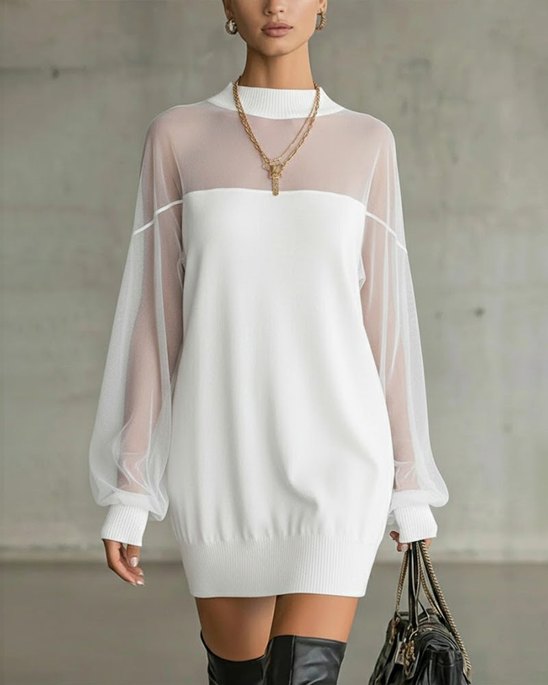 Abito elegante in maglia con maniche in tulle trasparente per donna