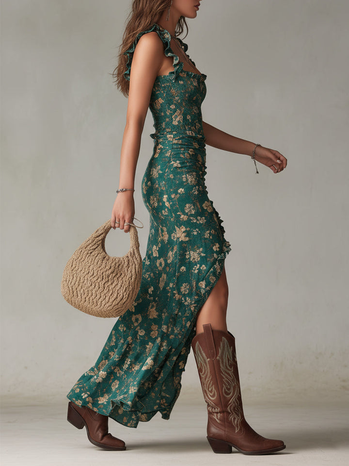 Abito midi boho donna in lino italiano con spacco