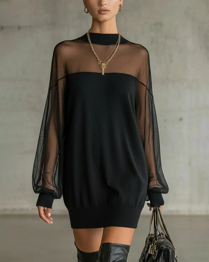 Abito elegante in maglia con maniche in tulle trasparente per donna