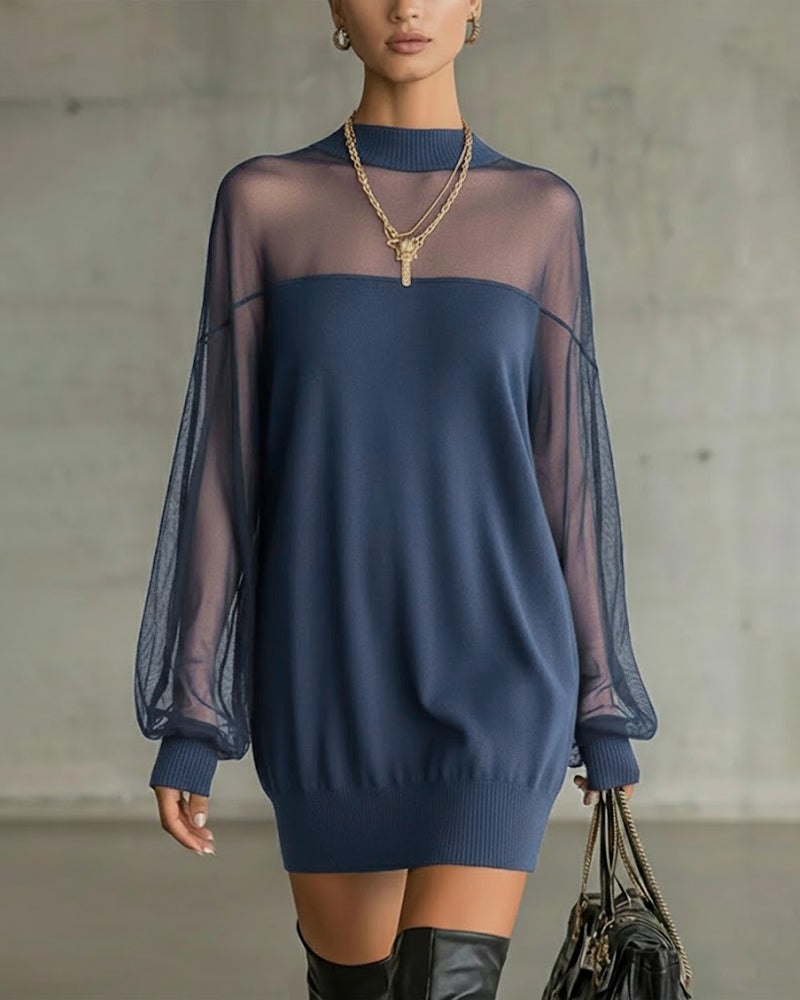 Abito elegante in maglia con maniche in tulle trasparente per donna