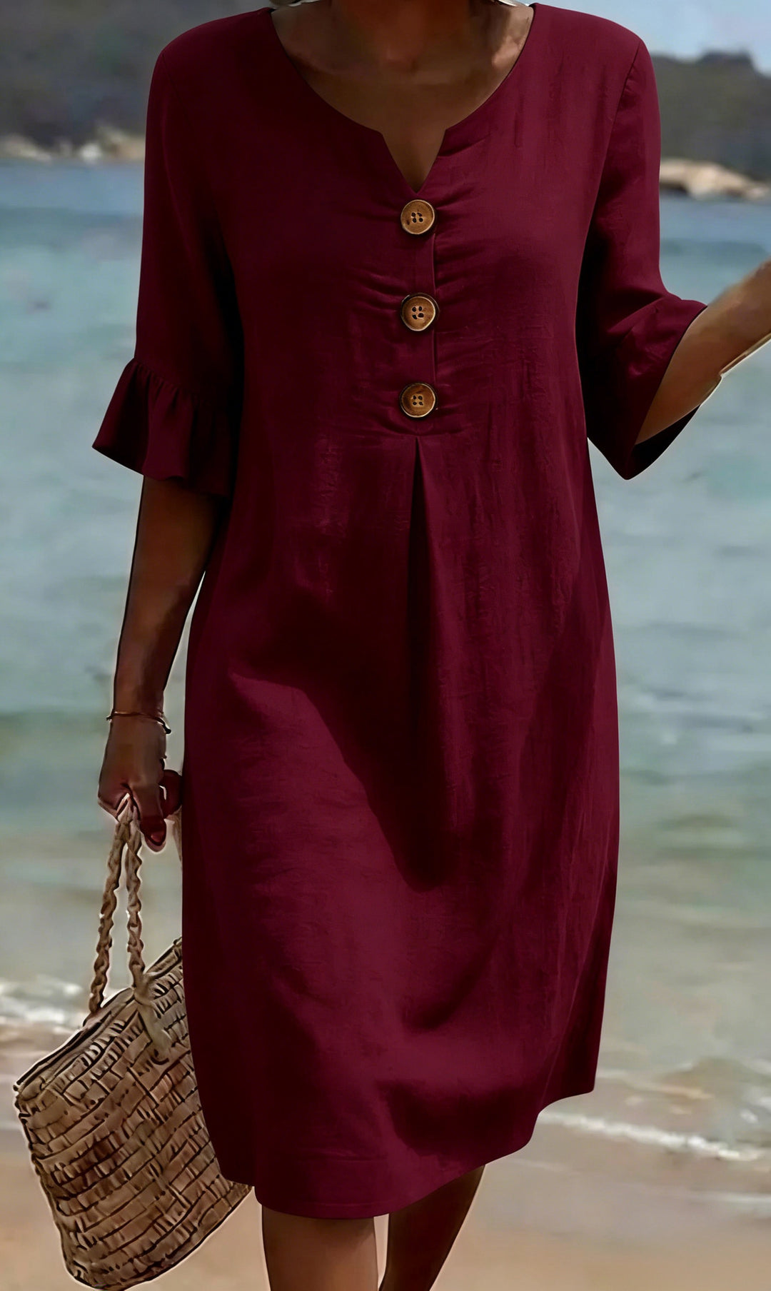 Abito casual in cotone e lino con maniche a sbuffo per donna