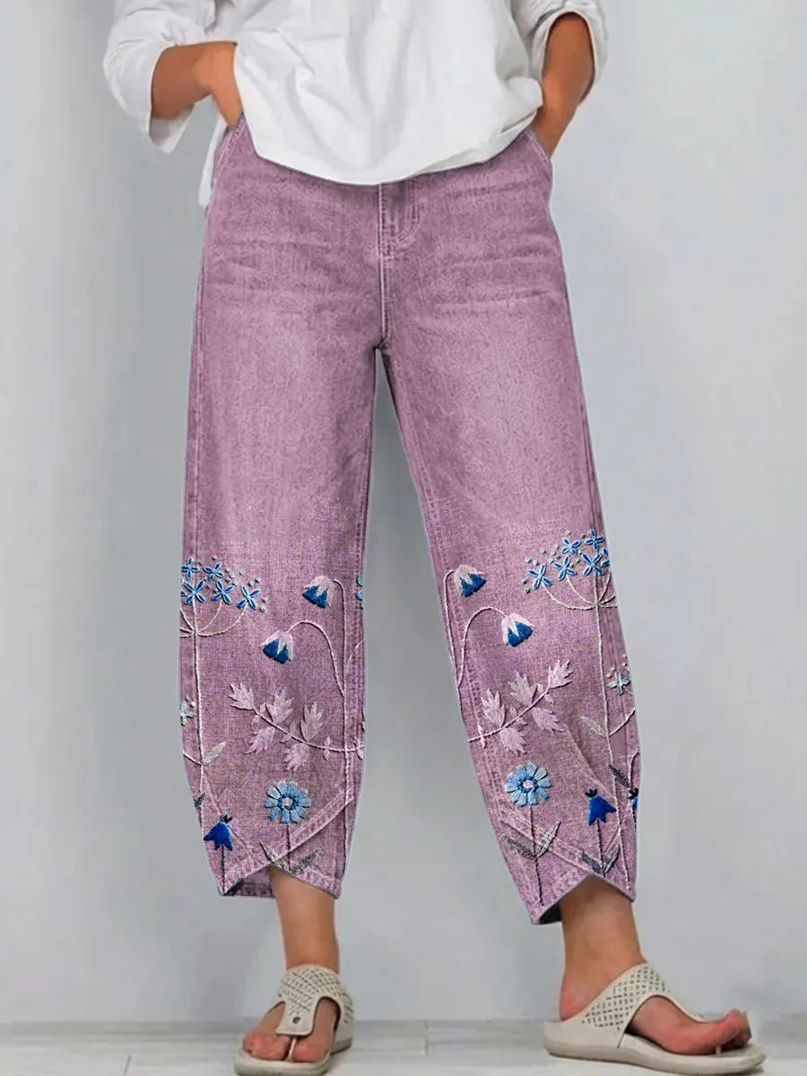 Pantaloni donna ricamati in cotone casual chic
