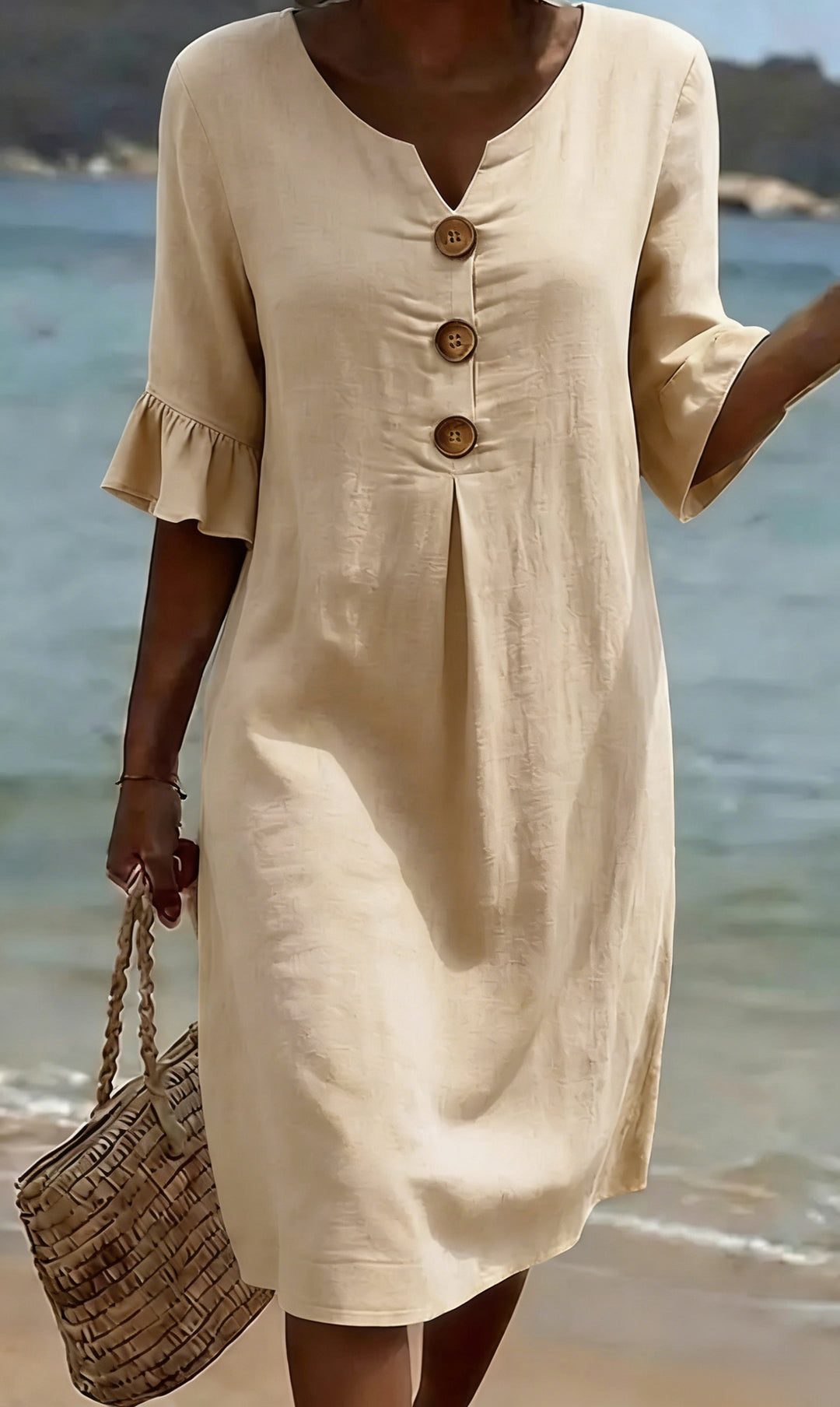 Abito casual in cotone e lino con maniche a sbuffo per donna