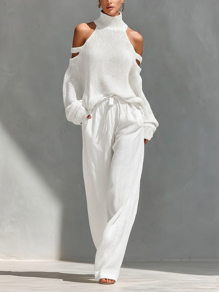 Completo donna elegante con top off-shoulder e pantaloni palazzo