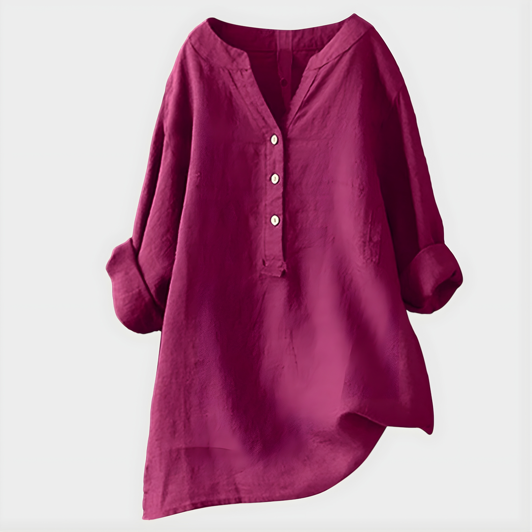Blusa elegante leggera in cotone e lino con scollo a V per donna