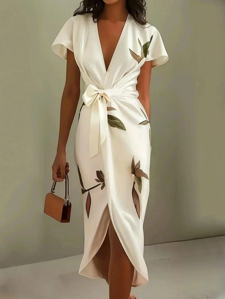 Abito portafoglio donna elegante con stampa botanica