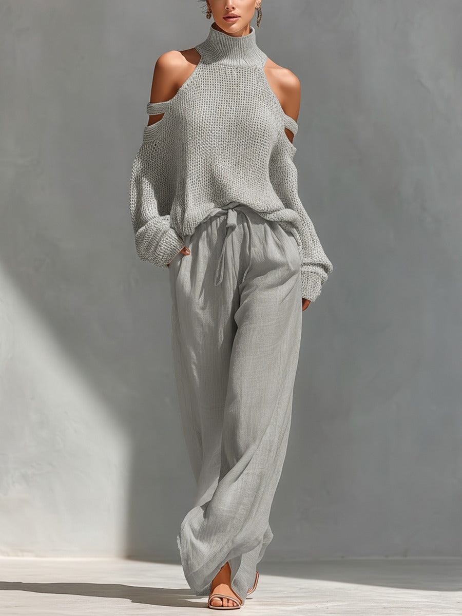Completo donna elegante con top off-shoulder e pantaloni palazzo