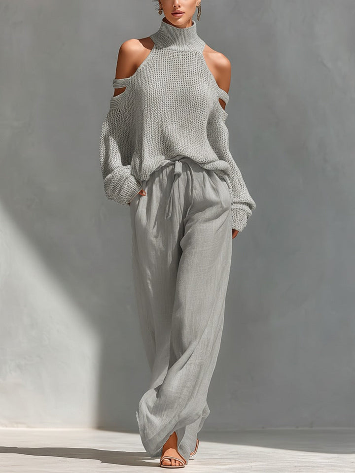 Completo donna elegante con top off-shoulder e pantaloni palazzo