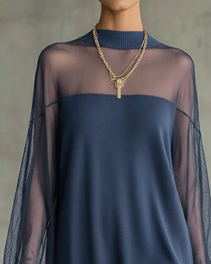 Abito elegante in maglia con maniche in tulle trasparente per donna